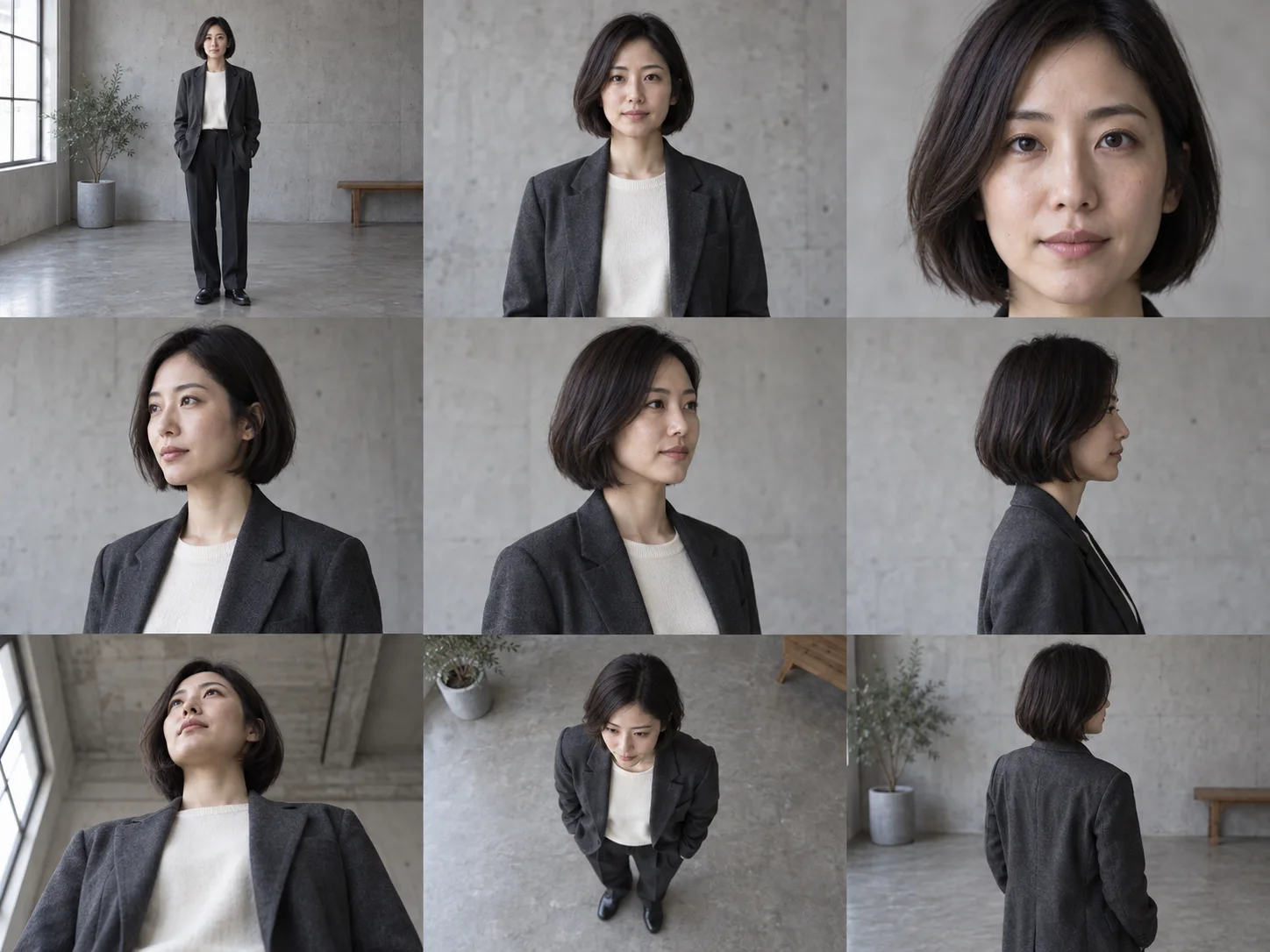 같은 인물의 9가지 촬영 시점 예시. 왼쪽부터 전신을 넓게, 정면 상반신, 얼굴을 크게 보여주는 클로즈업, 왼쪽 45도, 오른쪽 45도, 측면, 아래에서 올려다보기, 위에서 내려다보기, 뒷모습 순서입니다.